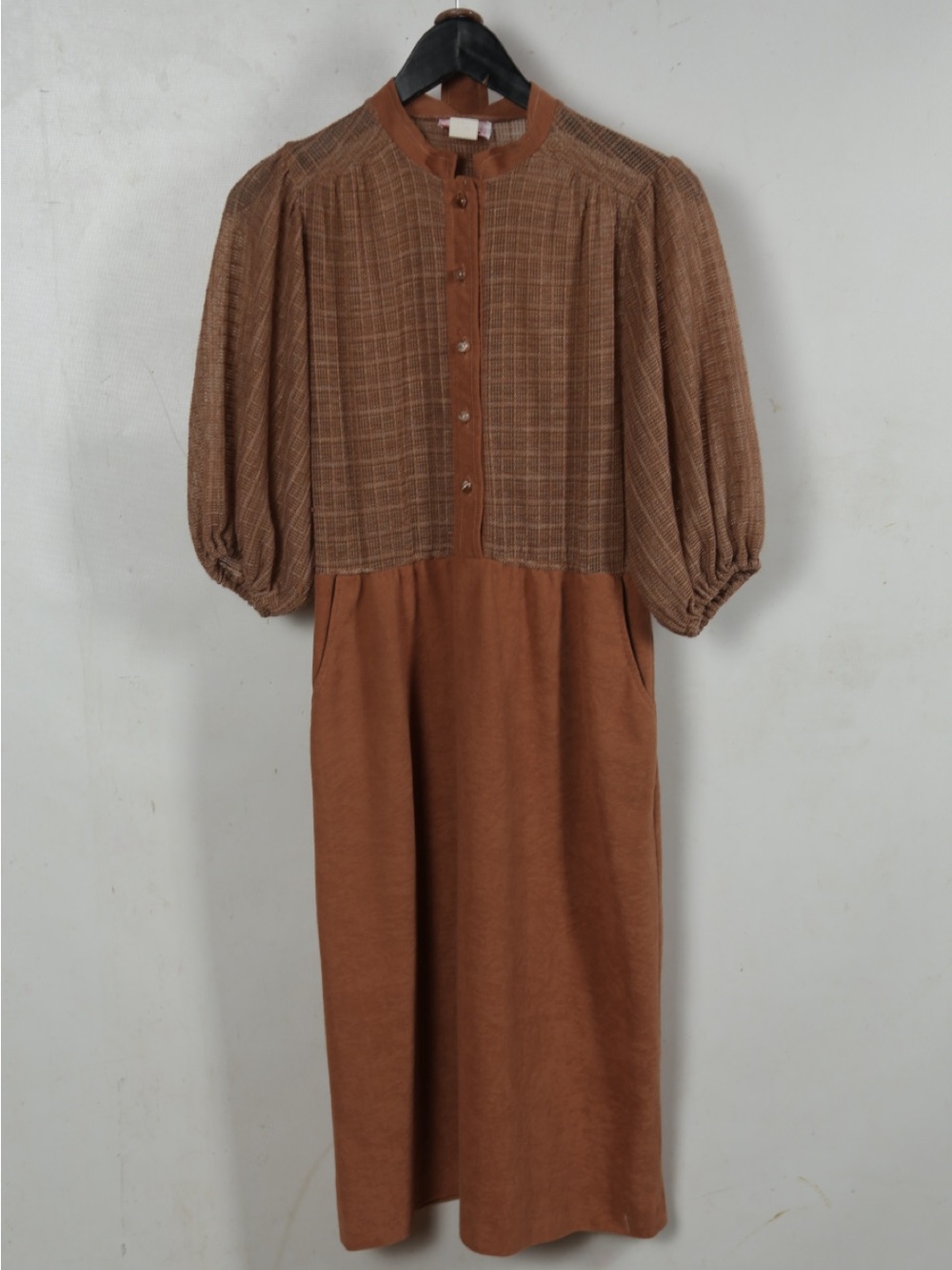 Womens Brown Textured Midi Dress with Puff Sleeves